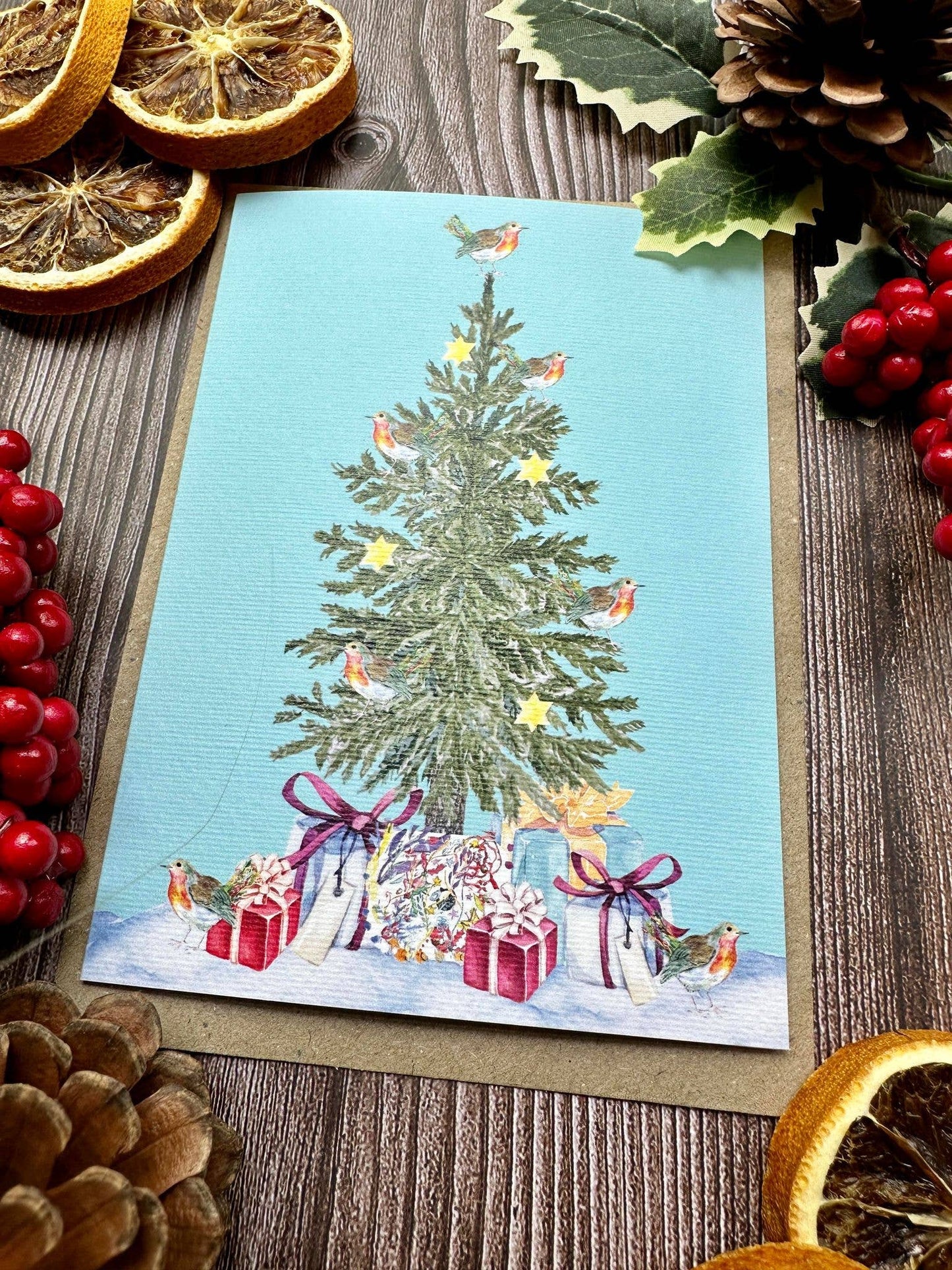 Robin Christmas Tree Eco Friendly Art Card cute colourful: NAKED