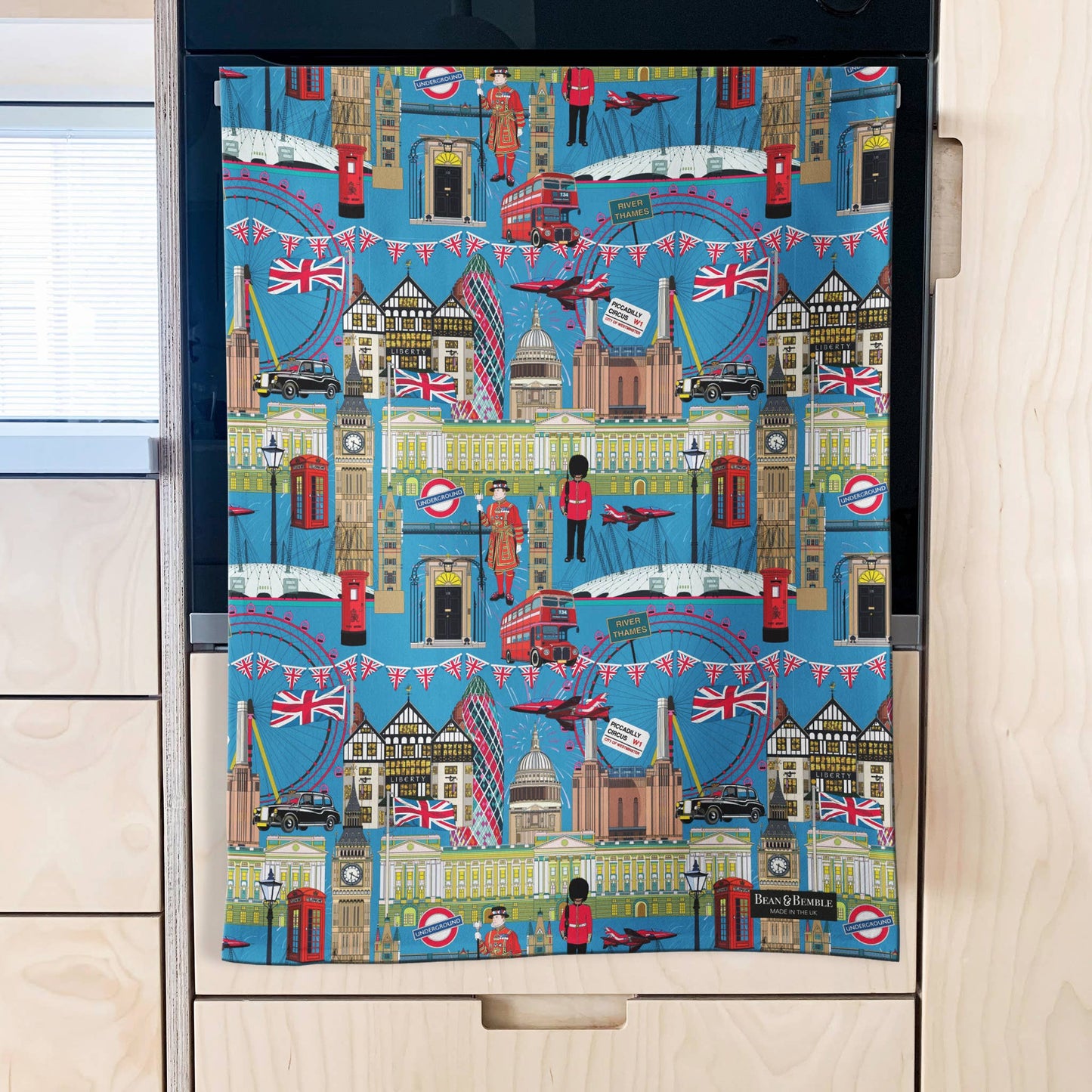 Tea Towel - UK Made - Colourful London Blue - Organic Cotton