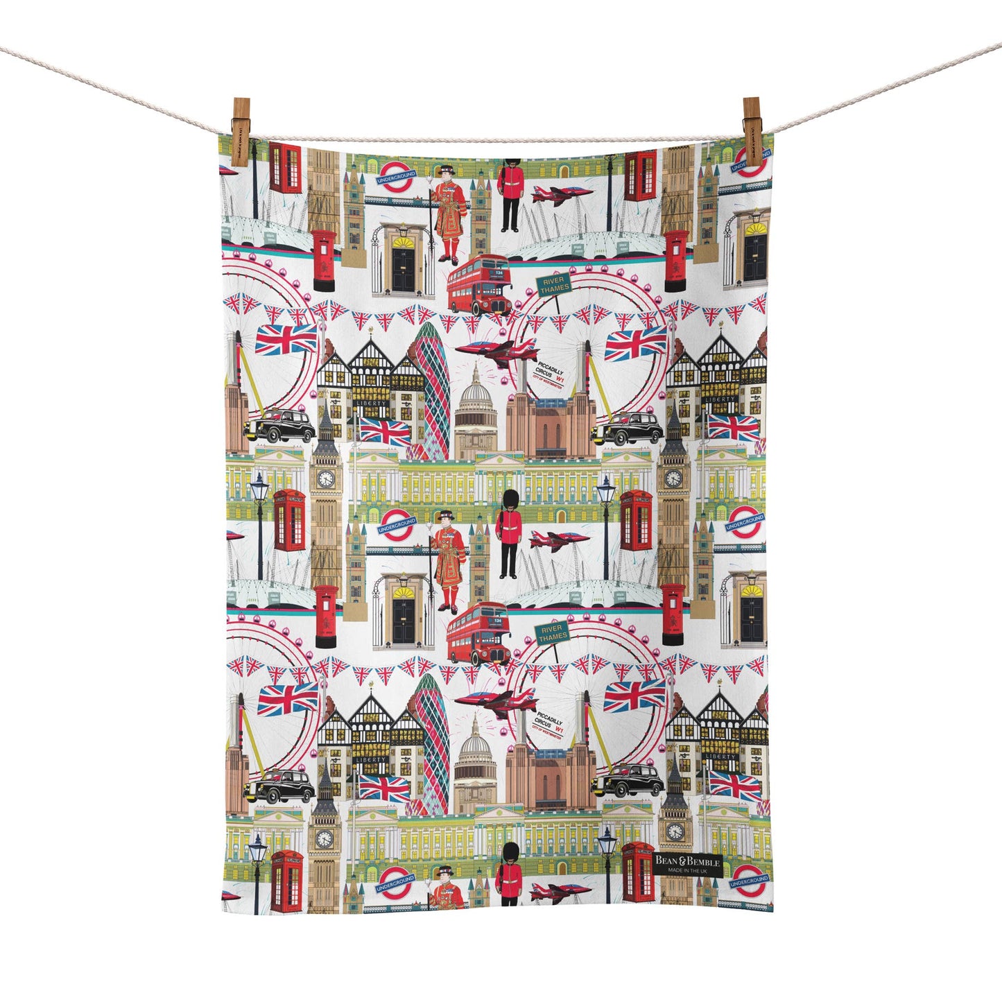 Tea Towel - UK Made - Colourful London White- Organic Cotton