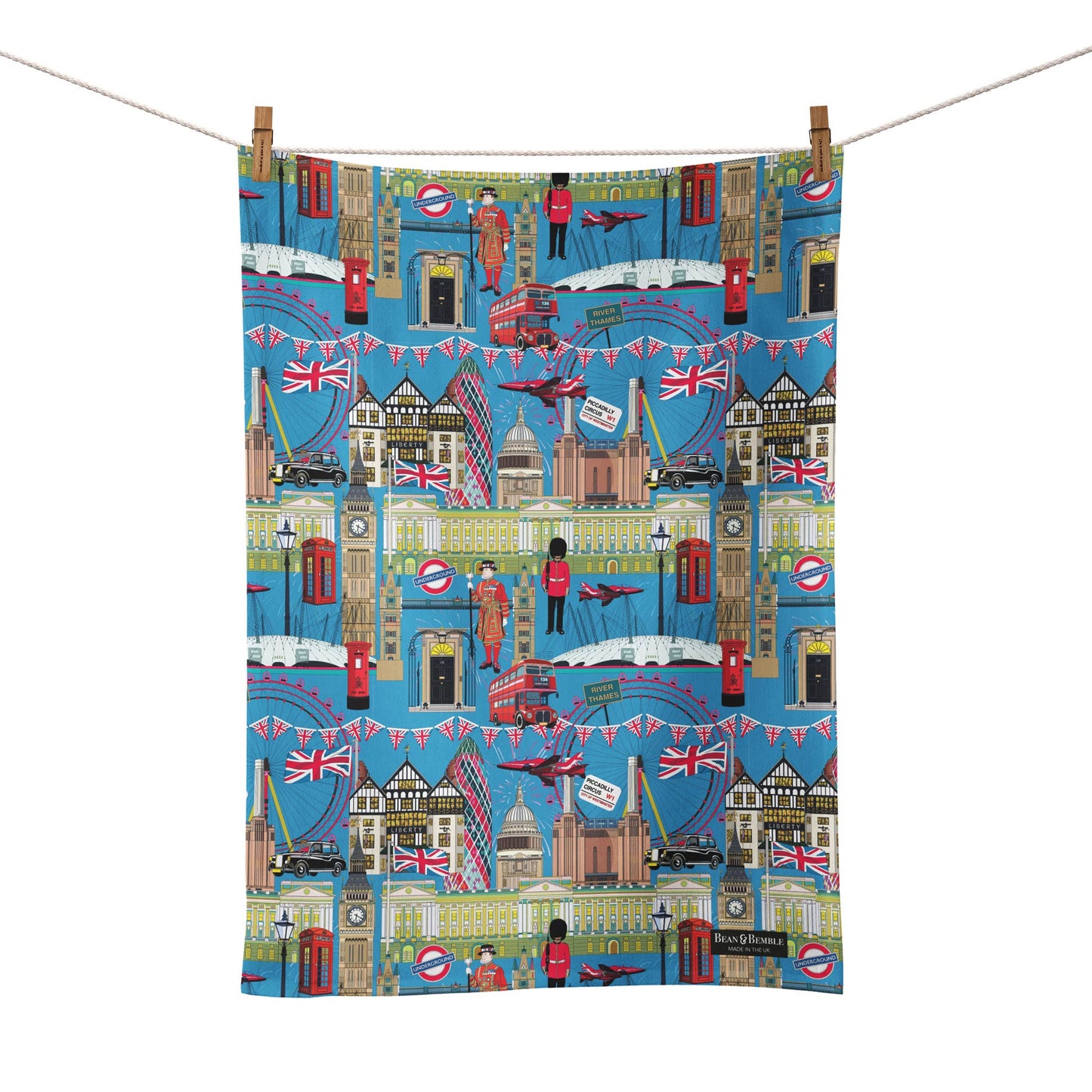Tea Towel - UK Made - Colourful London Blue - Organic Cotton