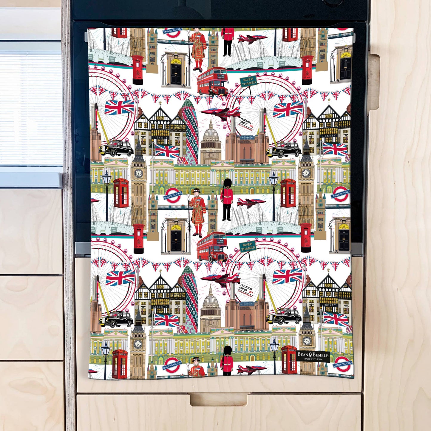 Tea Towel - UK Made - Colourful London White- Organic Cotton
