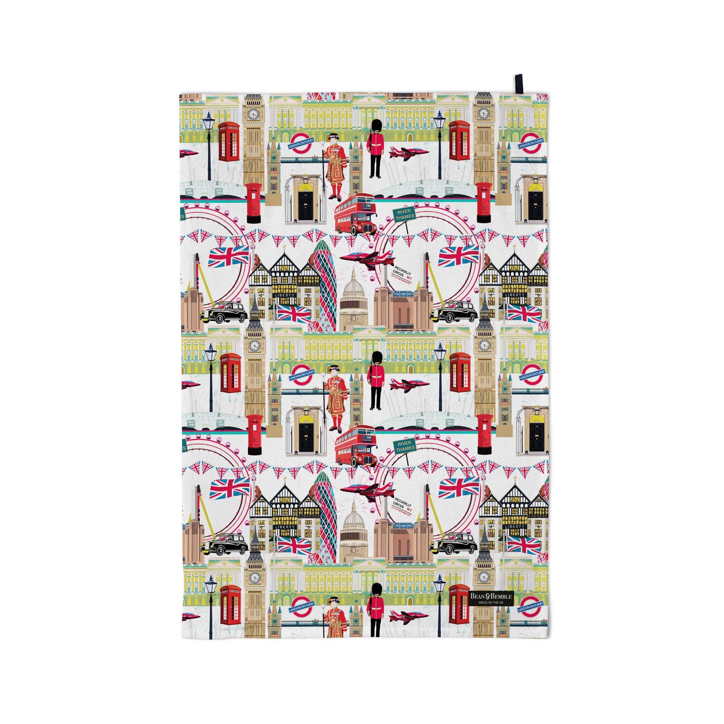 Tea Towel - UK Made - Colourful London White- Organic Cotton