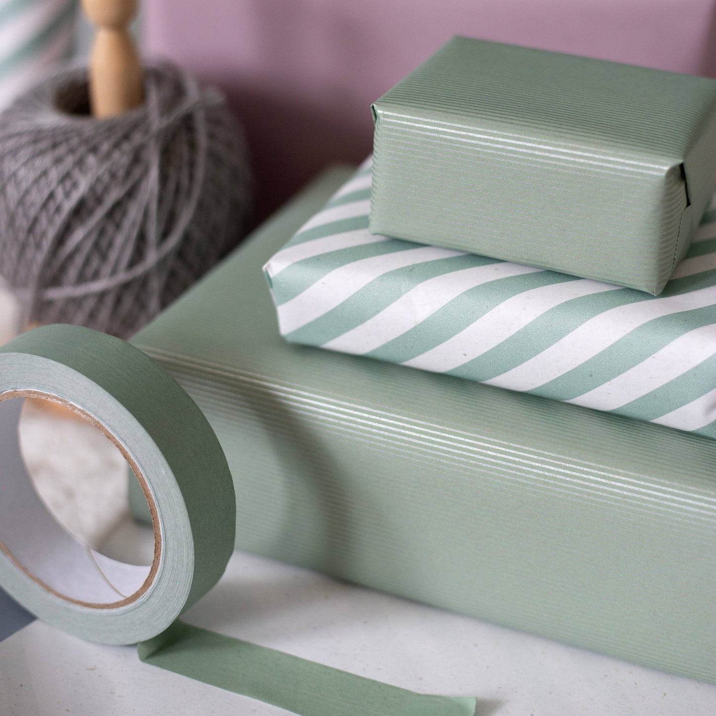 5m roll of Green with Fine Silver Lines Kraft Wrapping Paper
