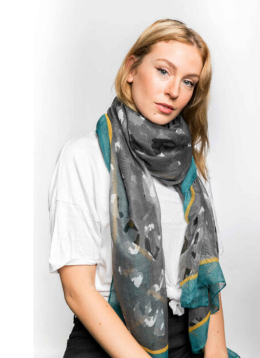 A grey, teal & gold scarf
