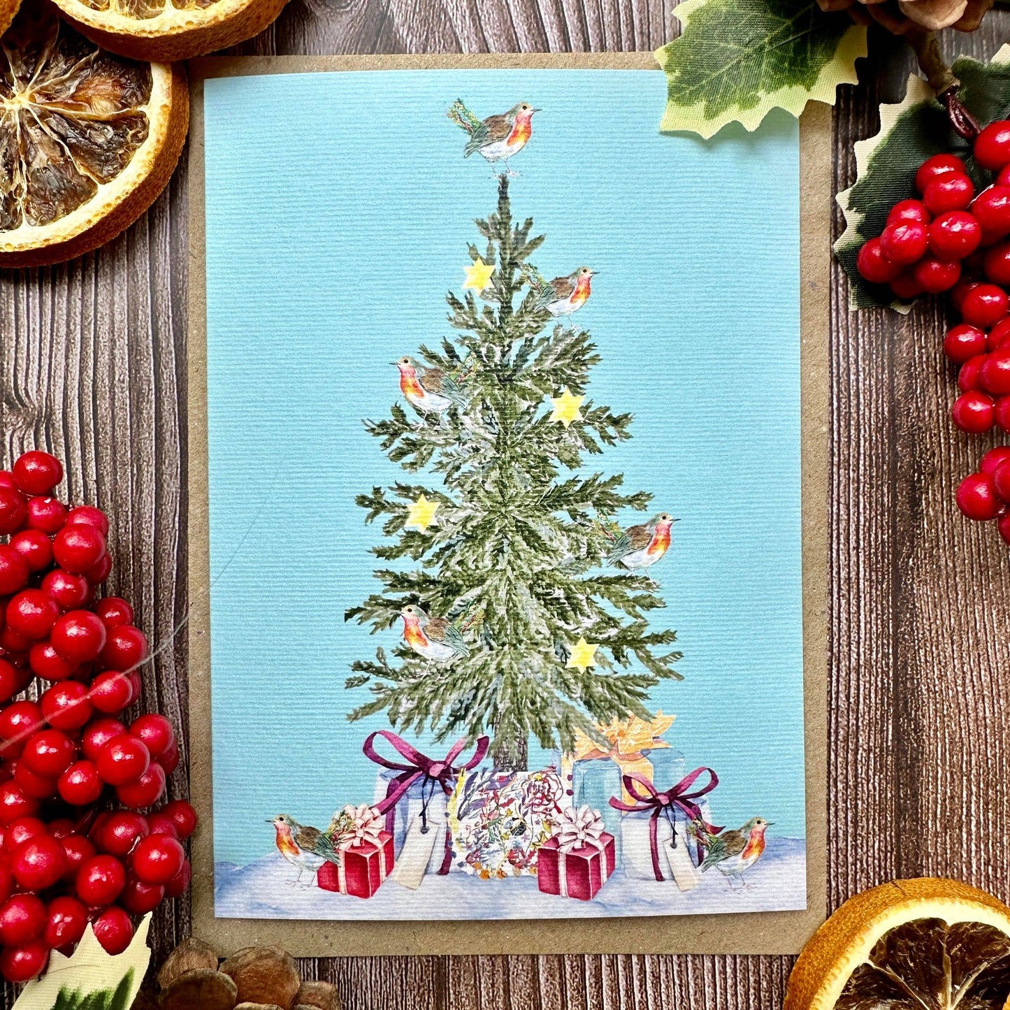 Robin Christmas Tree Eco Friendly Art Card cute colourful: NAKED