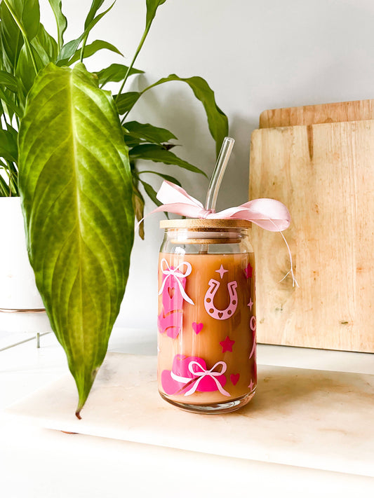  Cowgirl Glass Can with Bamboo Lid and Clear Glass Straw 