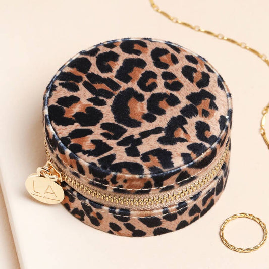 Leopard Print Velvet Round Travel Jewellery Case