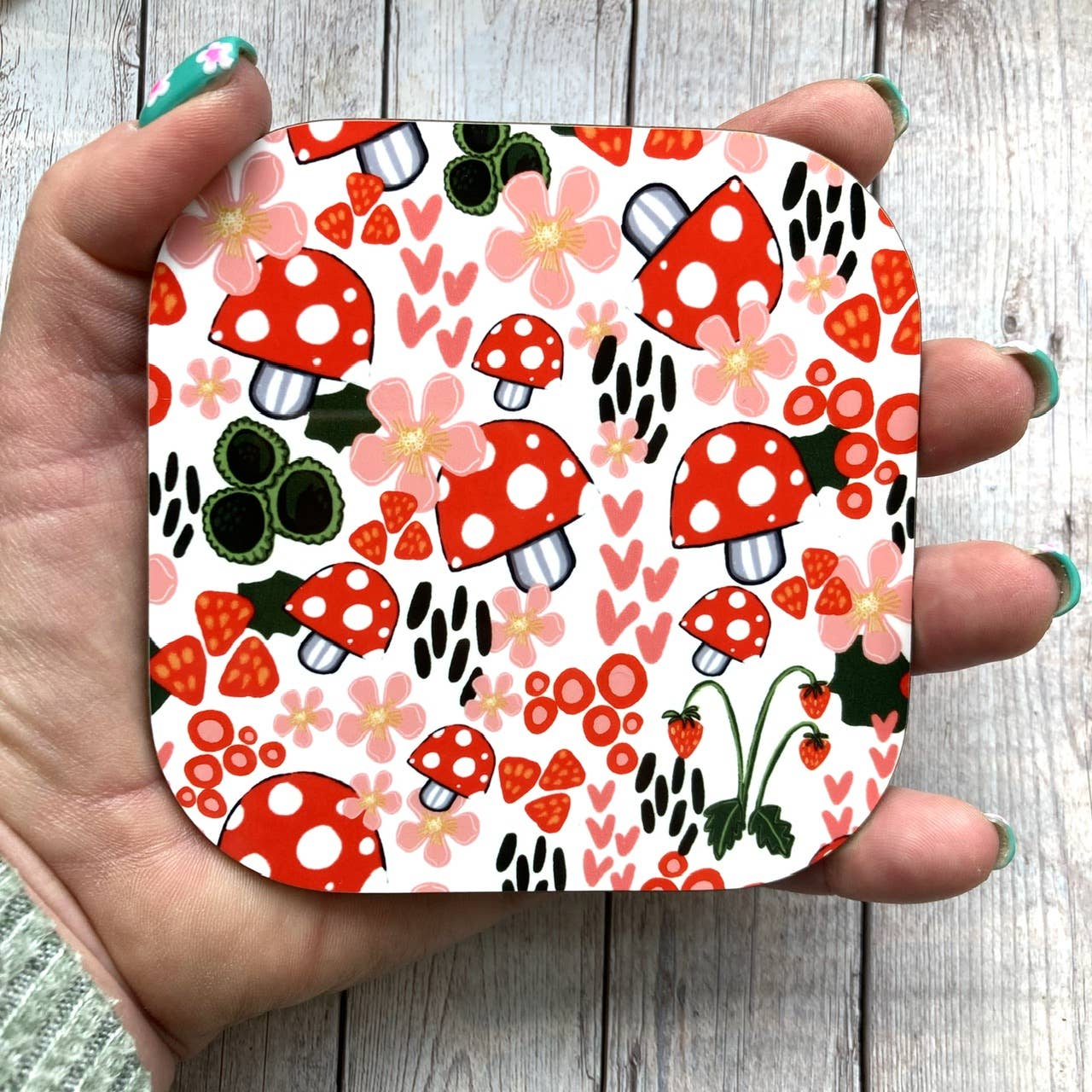 Red Toadstool Pattern Coaster, Colourful Coaster, Mushrooms.