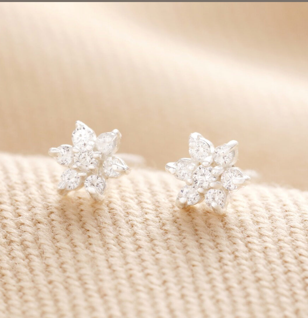 Sterling Silver Crystal Flower Stud Earrings