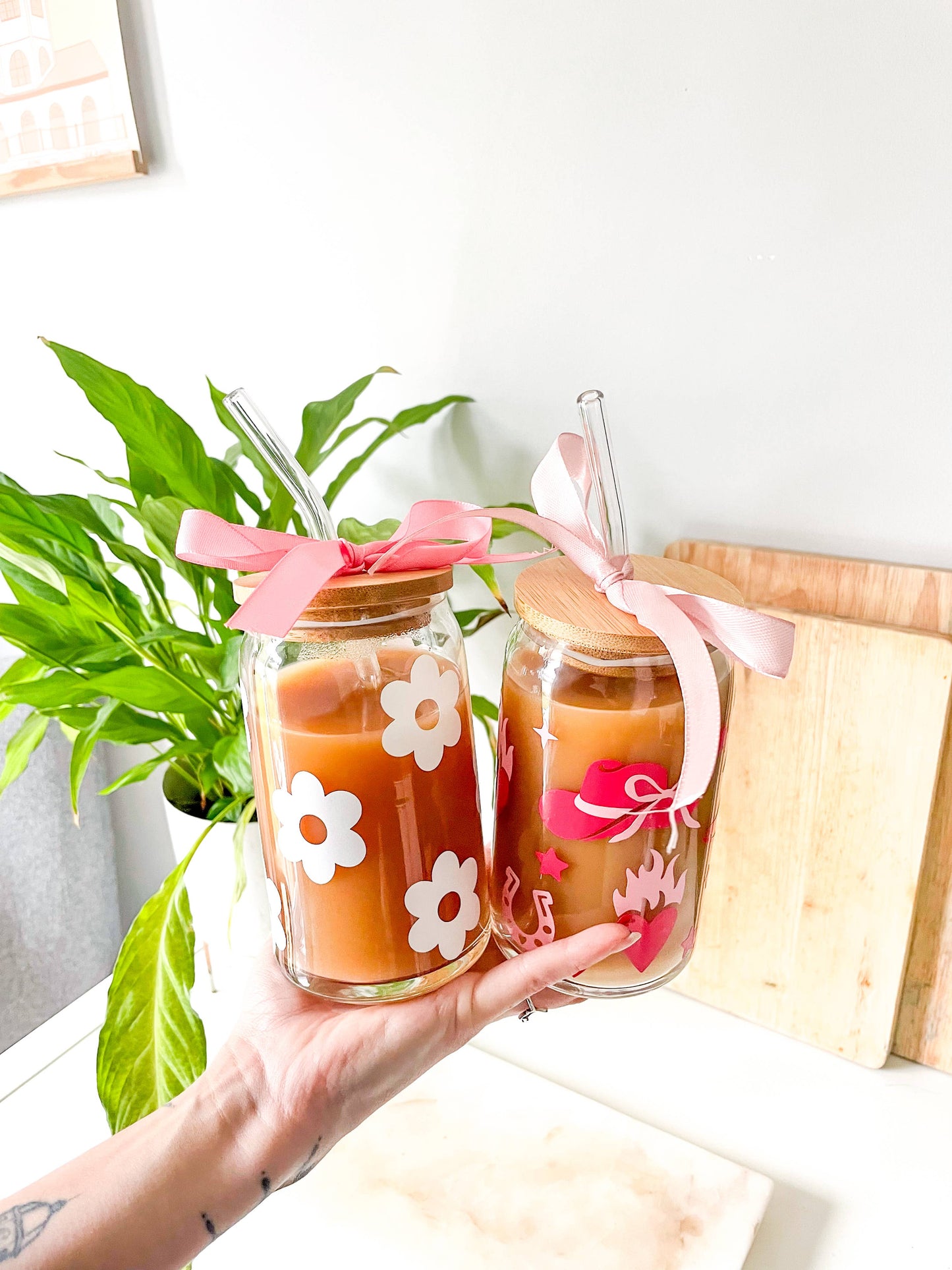  Cowgirl Glass Can with Bamboo Lid and Clear Glass Straw 