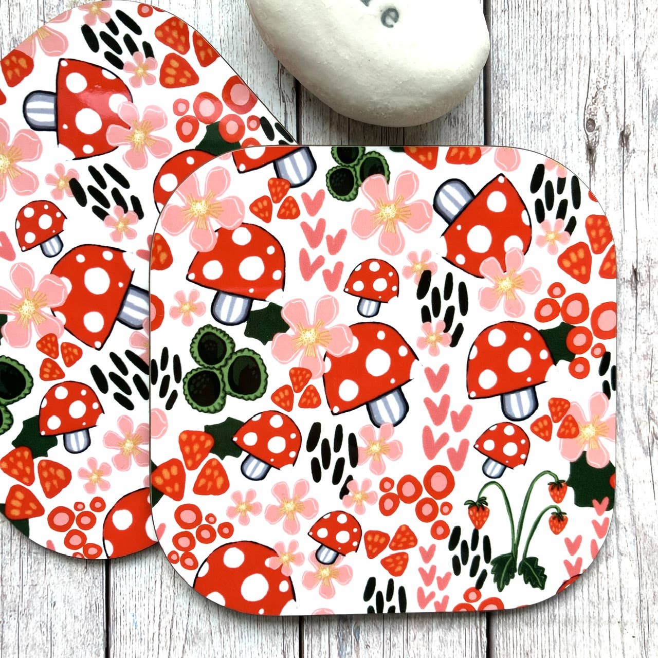 Red Toadstool Pattern Coaster, Colourful Coaster, Mushrooms.