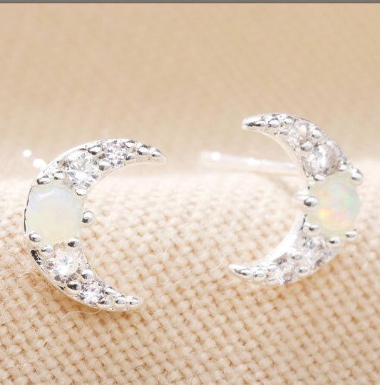 Crystal & Opal Moon Stud Earrings