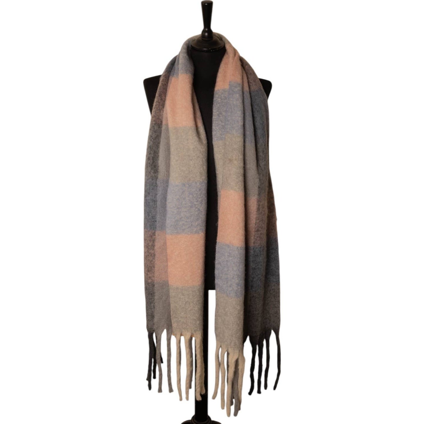 Grey, Pink & Blue Checked Chunky Winter Scarf