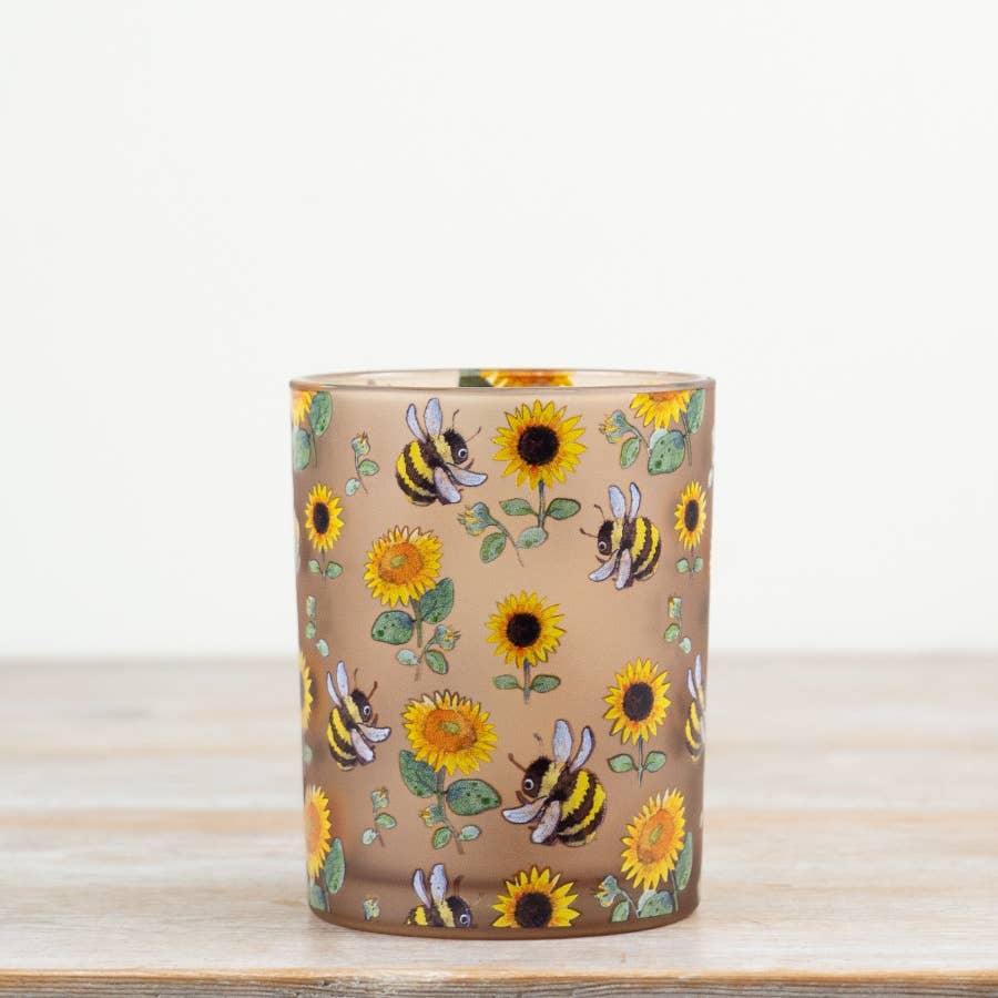 Glass Bee & Sunflower Candle Holder, 12.5cm