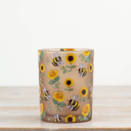 Glass Bee & Sunflower Candle Holder, 12.5cm