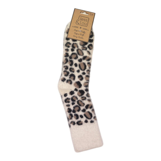 Cream Fluffy Leopard Print Socks SL831