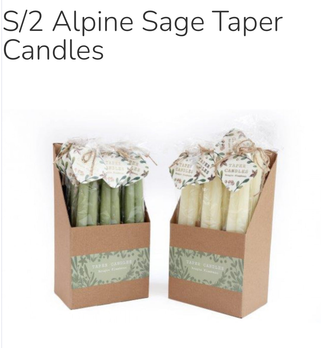 Set of two tapered gift wrapped candles in cream or green