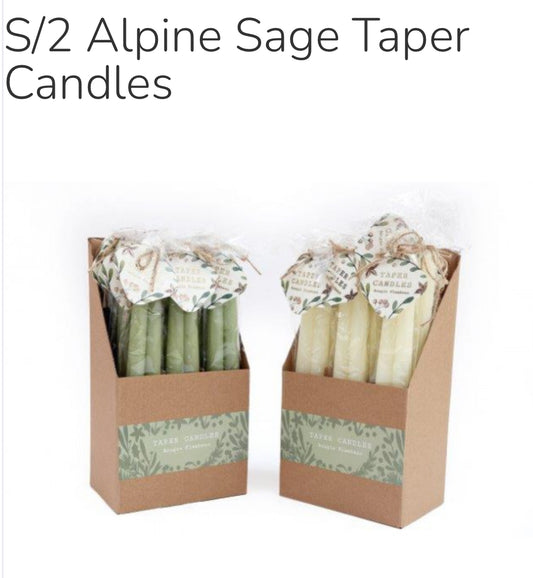 Set of two tapered gift wrapped candles in cream or green