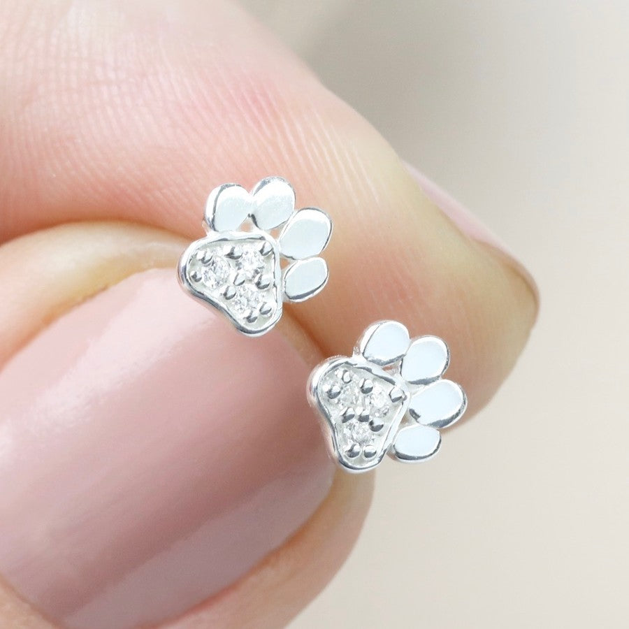 Silver CZ Paw Print Stud Earrings