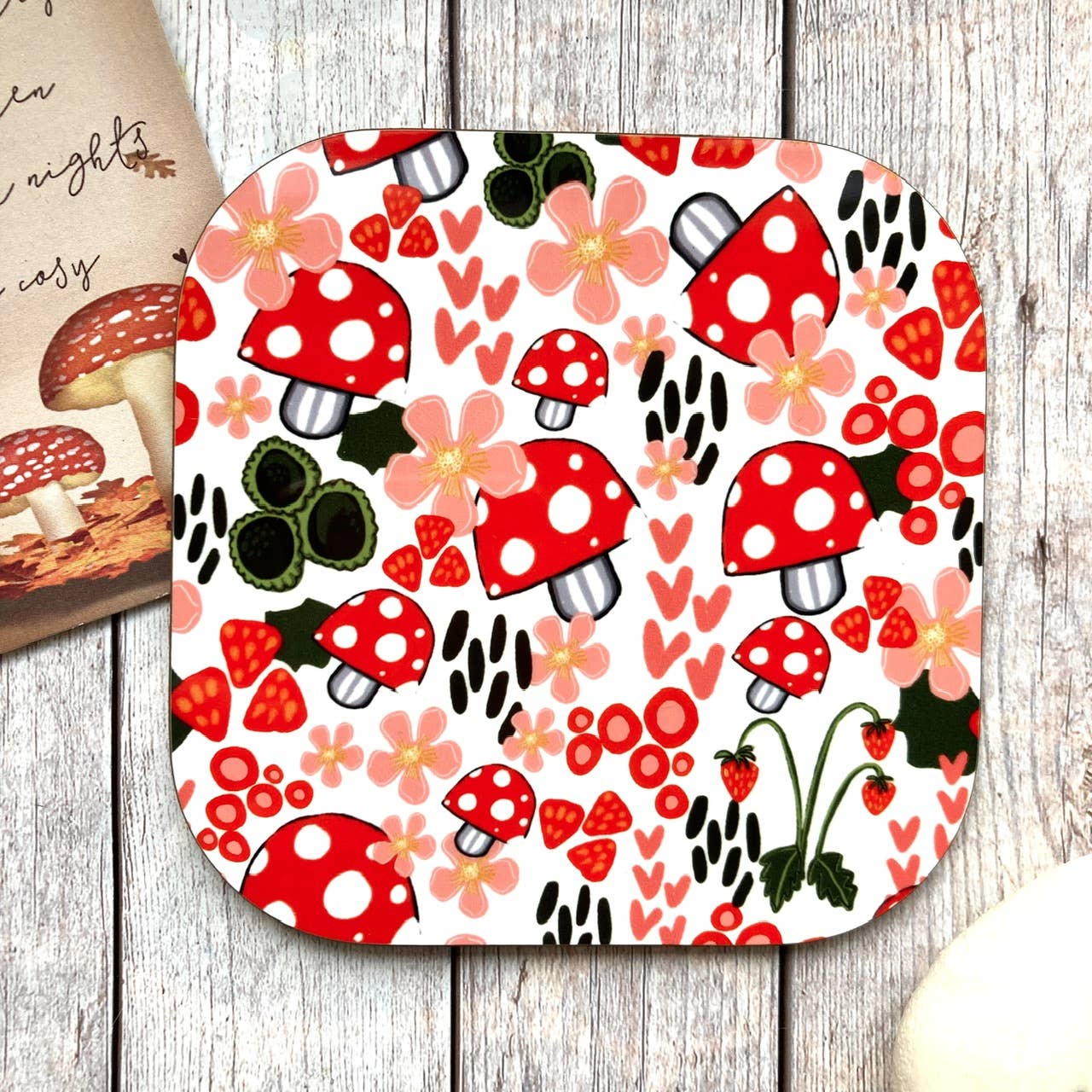 Red Toadstool Pattern Coaster, Colourful Coaster, Mushrooms.