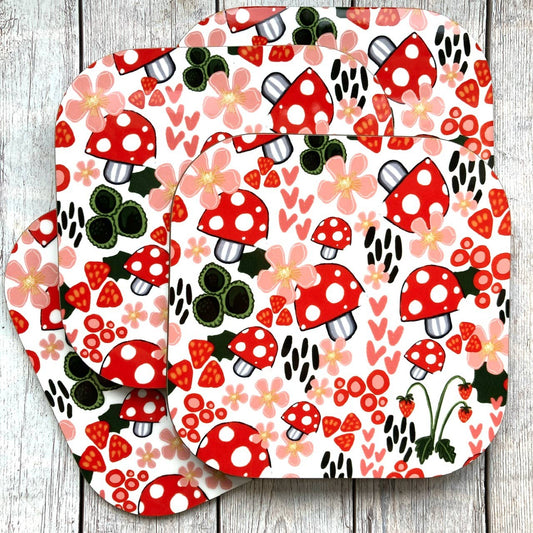 Red Toadstool Pattern Coaster, Colourful Coaster, Mushrooms.