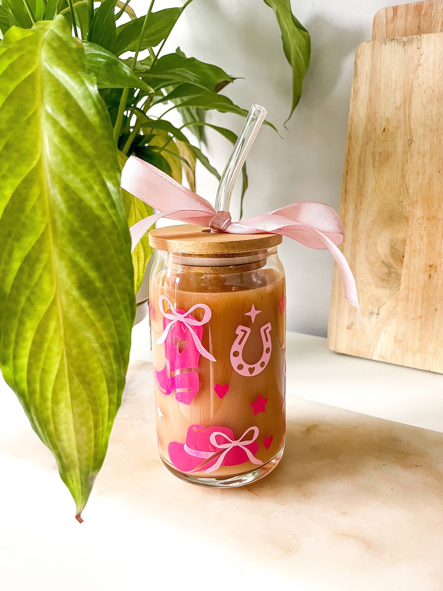  Cowgirl Glass Can with Bamboo Lid and Clear Glass Straw 