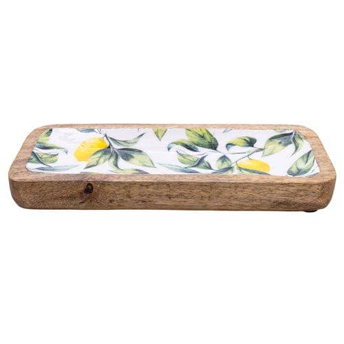 Enamelled Mango Wooden Dish Inlay Lemons and Leaves 30.5cm
