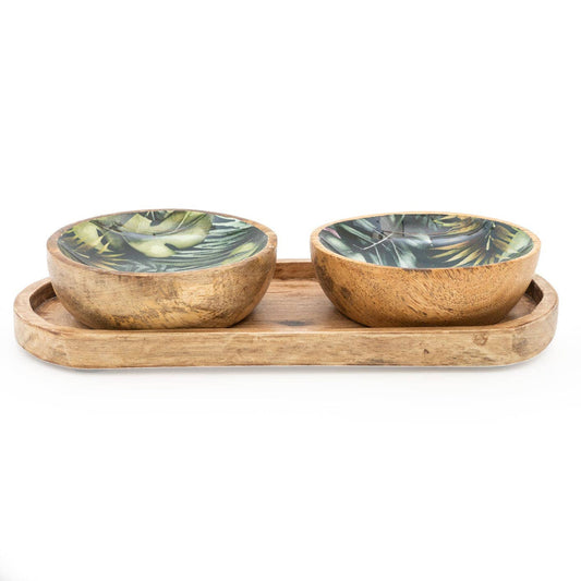 S/2 SMALL MANGO WOOD DIPPING BOWLS ON TRAY BALI WHIRL