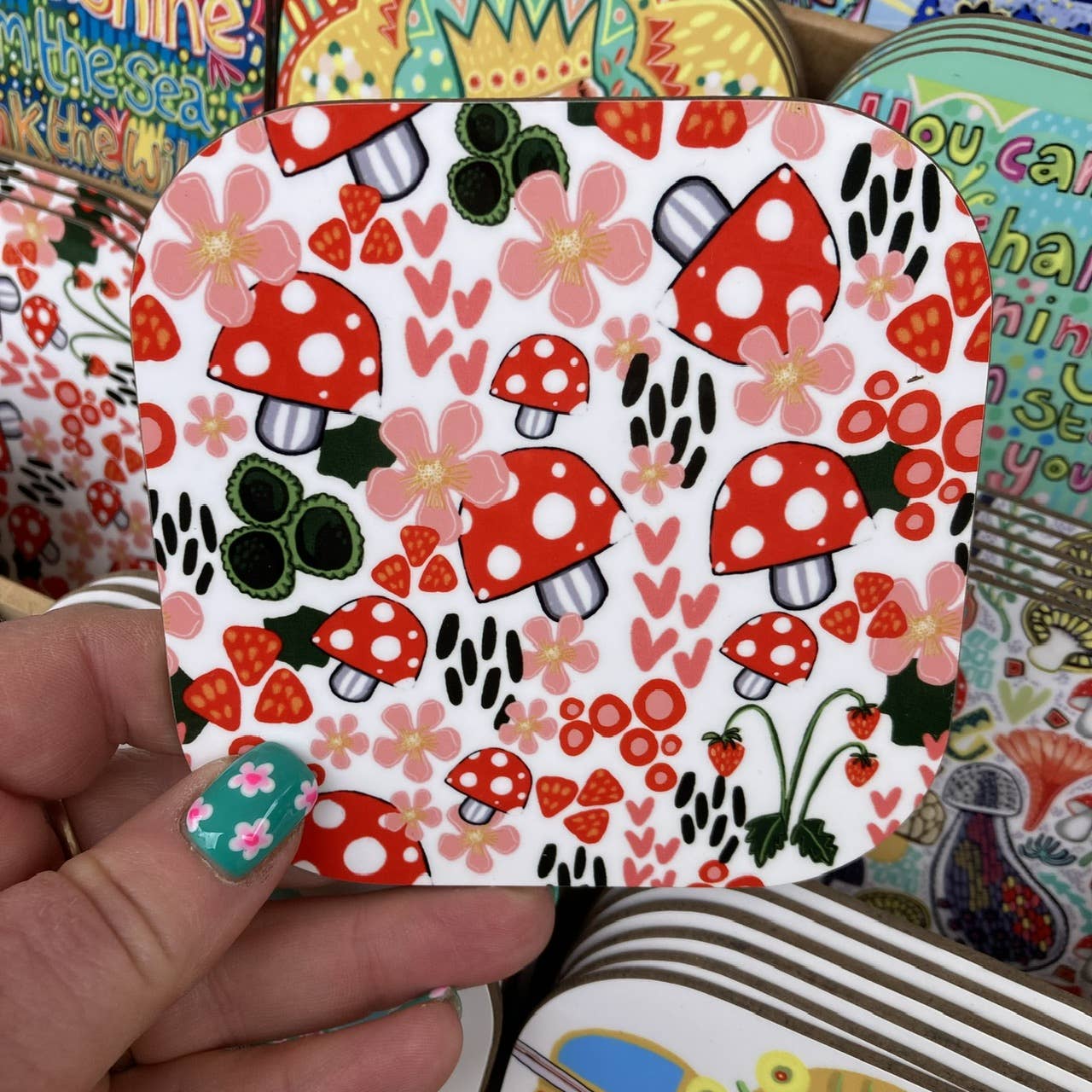 Red Toadstool Pattern Coaster, Colourful Coaster, Mushrooms.