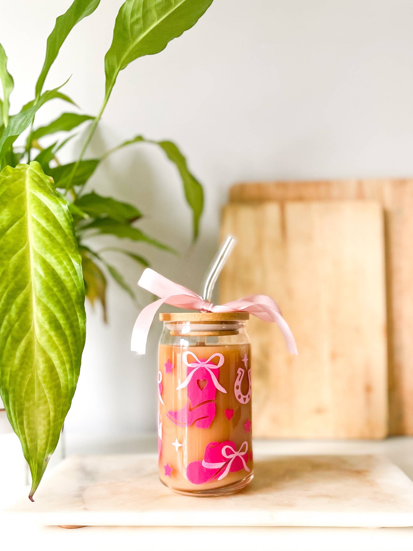  Cowgirl Glass Can with Bamboo Lid and Clear Glass Straw 