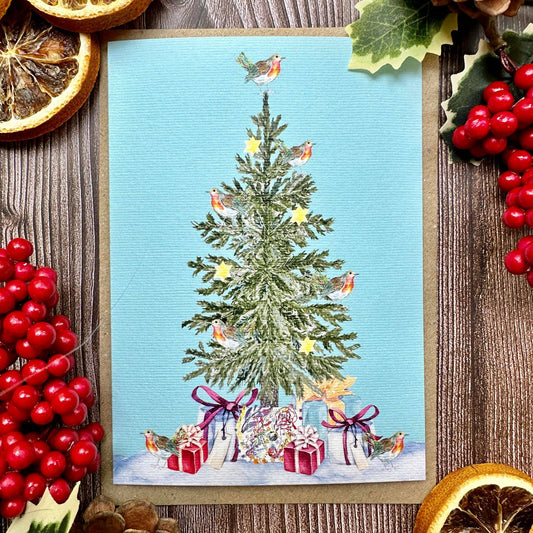 Robin Christmas Tree  Eco Friendly Art Card cute colourful: NAKED