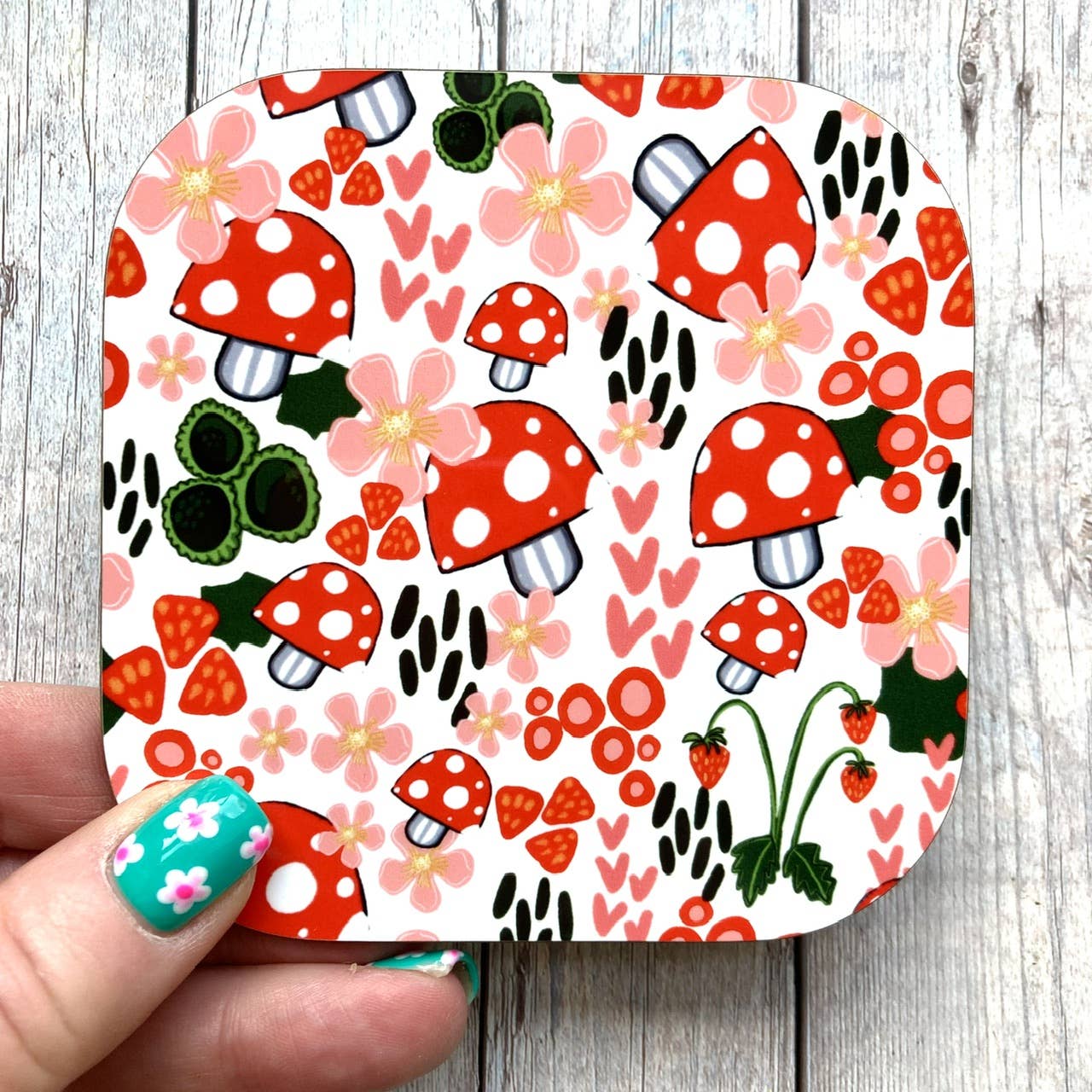 Red Toadstool Pattern Coaster, Colourful Coaster, Mushrooms.